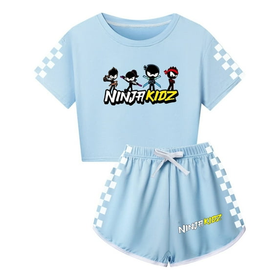 Girls Crop Top and Shorts Set for Kids – Ninja Kidz Outfit with Checker Print Sleeves – Trendy Summer Wear