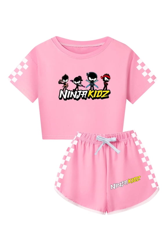 Girls Crop Top and Shorts Set for Kids – Ninja Kidz Outfit with Checker Print Sleeves – Trendy Summer Wear
