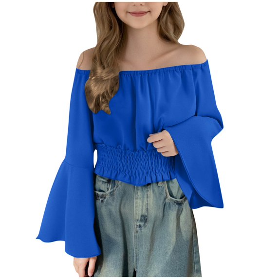 Girls Crop Tops Off Shoulder Bell Long Sleeve Chiffon Blouses Ruffle Smocked Hem Cute Spring Fall Clothes, Dark Blue 14-15 Years