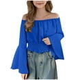 thumbnail image 1 of Girls Crop Tops Off Shoulder Bell Long Sleeve Chiffon Blouses Ruffle Smocked Hem Cute Spring Fall Clothes, Dark Blue 7-8 Years, 1 of 8