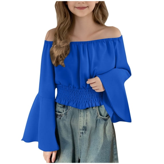 Girls Crop Tops Off Shoulder Bell Long Sleeve Chiffon Blouses Ruffle Smocked Hem Cute Spring Fall Clothes, Dark Blue 7-8 Years