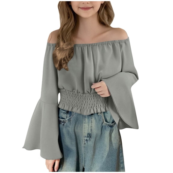 Girls Crop Tops Off Shoulder Bell Long Sleeve Chiffon Blouses Ruffle Smocked Hem Cute Spring Fall Clothes, Gray 9-10 Years