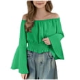 thumbnail image 1 of Girls Crop Tops Off Shoulder Bell Long Sleeve Chiffon Blouses Ruffle Smocked Hem Cute Spring Fall Clothes, Green 14-15 Years, 1 of 8