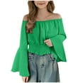 thumbnail image 1 of Girls Crop Tops Off Shoulder Bell Long Sleeve Chiffon Blouses Ruffle Smocked Hem Cute Spring Fall Clothes, Green 5-6 Years, 1 of 8