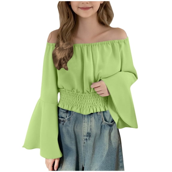 Girls Crop Tops Off Shoulder Bell Long Sleeve Chiffon Blouses Ruffle Smocked Hem Cute Spring Fall Clothes, Mint Green 5-6 Years