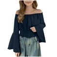 thumbnail image 1 of Girls Crop Tops Off Shoulder Bell Long Sleeve Chiffon Blouses Ruffle Smocked Hem Cute Spring Fall Clothes, Navy 14-15 Years, 1 of 8