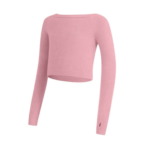 Girls Crop Tops Soft Cotton Knitted Crew Neck Dance Sport Yoga Casual Long Sleeve Tee Shirt Fall Winter Base Layer, Pink 5 Years