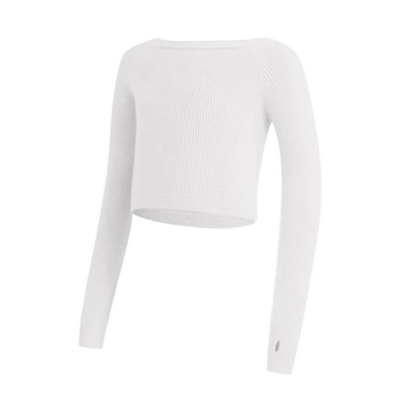 Girls Crop Tops Soft Cotton Knitted Crew Neck Dance Sport Yoga Casual Long Sleeve Tee Shirt Fall Winter Base Layer, White 14 Years