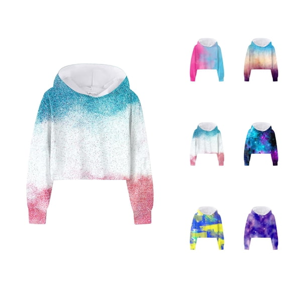 Girls Cropped Hoodies 2025 Long Sleeve Tie Dye Graphic Hooded Sweatshirt Kids Pullover Tops