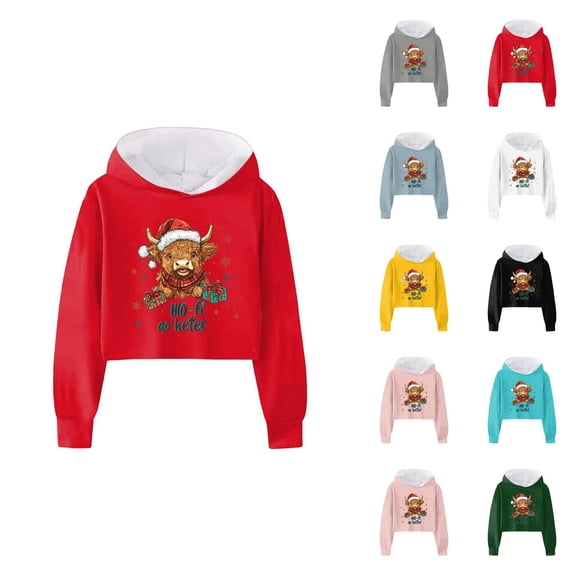 Girls Cropped Christmas Hoodie Cute Highland Cow Long Sleeve Graphic Hooded Sweatshirt Kids Pullover Tops