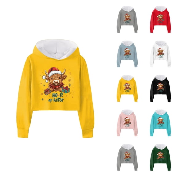 Girls Cropped Christmas Hoodie Cute Highland Cow Long Sleeve Graphic Hooded Sweatshirt Kids Pullover Tops