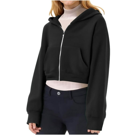 Girls Cropped Hoodie Long Sleeve Zip Up Jacket Black Hoodie with Pockets Warm Fall Winter Clothes Little Girls Clothes Size 7-8 Years