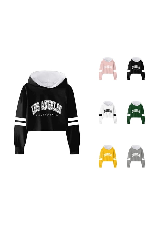 Girls Cropped Hoodies 2025 Long Sleeve Fashion Los Angeles Graphic Hooded Sweatshirt Kids Pullover Tops
