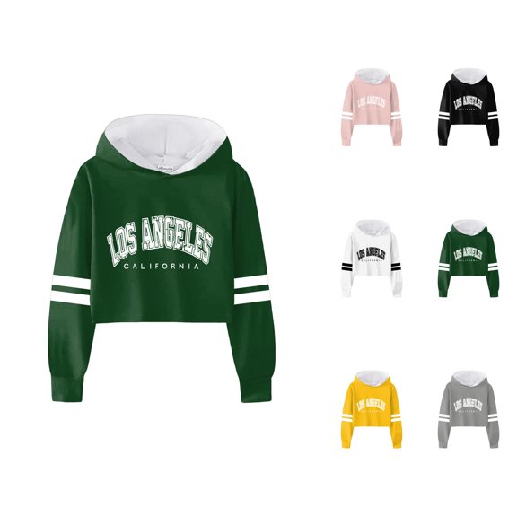 Girls Cropped Hoodies 2025 Long Sleeve Fashion Los Angeles Graphic Hooded Sweatshirt Kids Pullover Tops
