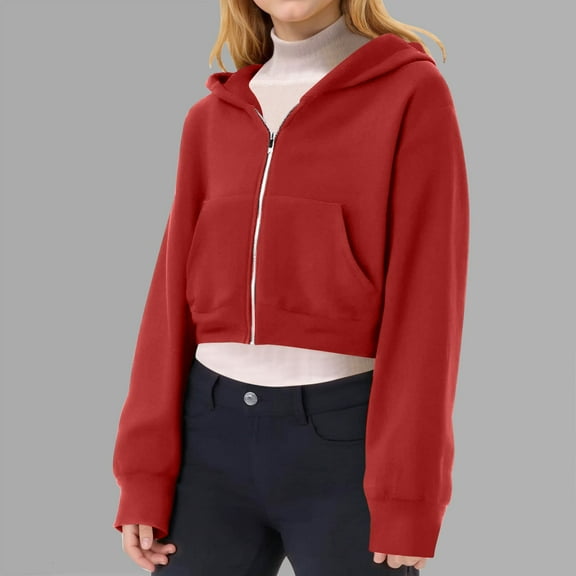 Girls Cropped Hoodies Casual Long Sleeve Zip Up Hoodie Red Hoodie with Pockets Warm Fall Winter Clothes Girl Clothes 5-6 Years