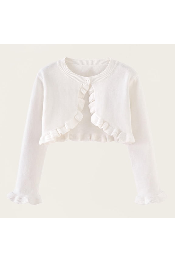 Girls Cropped Knit Cardigan Solid Ruffle Button Lightweight Sweater Shrugs for Dress Formal Wedding White 3Y