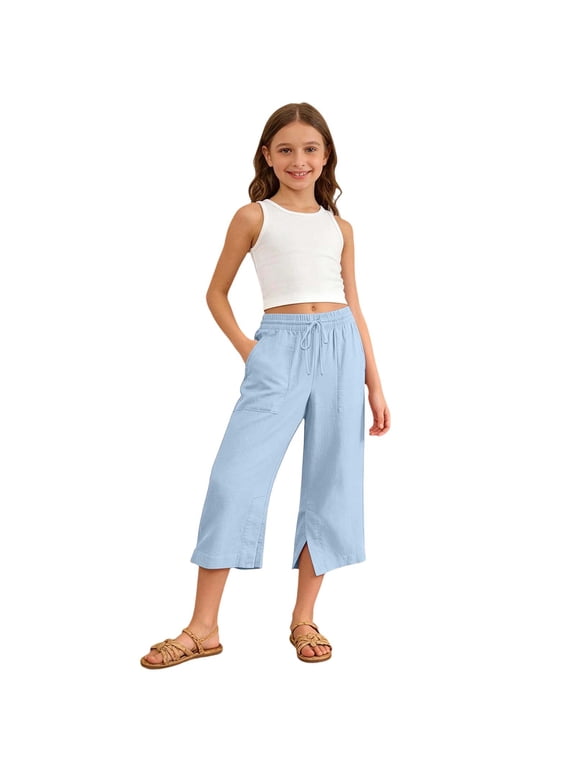 Girls Cropped Wide Leg Pants Elastic Drawstring Waist Split Hem Solid Color Capri Trousers Big Girls Casual Daily Vacation Loose Fit 7/8 Length Pants(Sky Blue,11-12 Years)