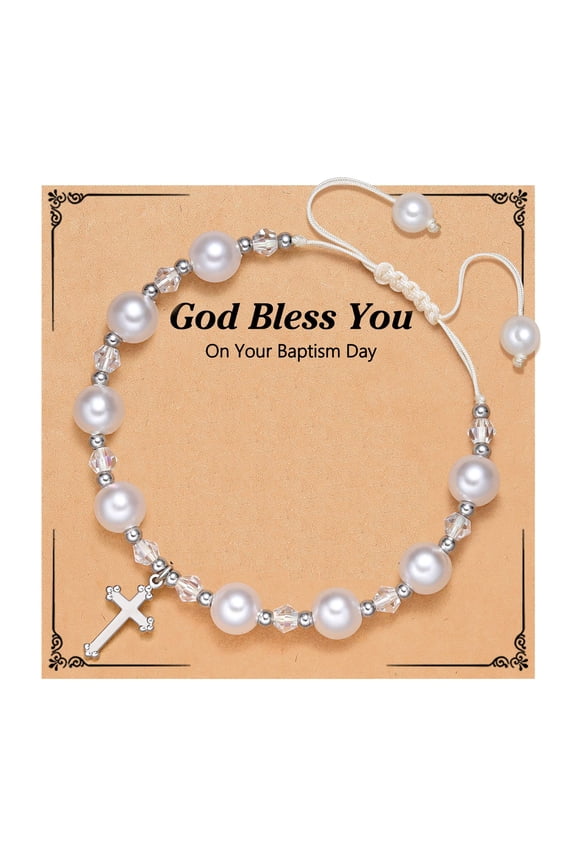 Girls Cross Pearl Bracelet-Baptism Confirmation First Communion Gifts for Girls Teens
