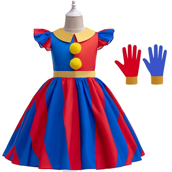 Girls Clown Costume Dress Cosplay Dress with Gloves, 4-9Y