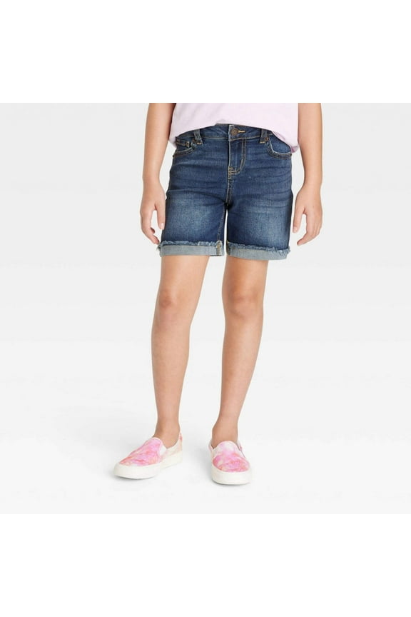 Girls' Cuffed Hem MIDI Jean Shorts - Cat Jack Dark Wash L (10-12) Plus