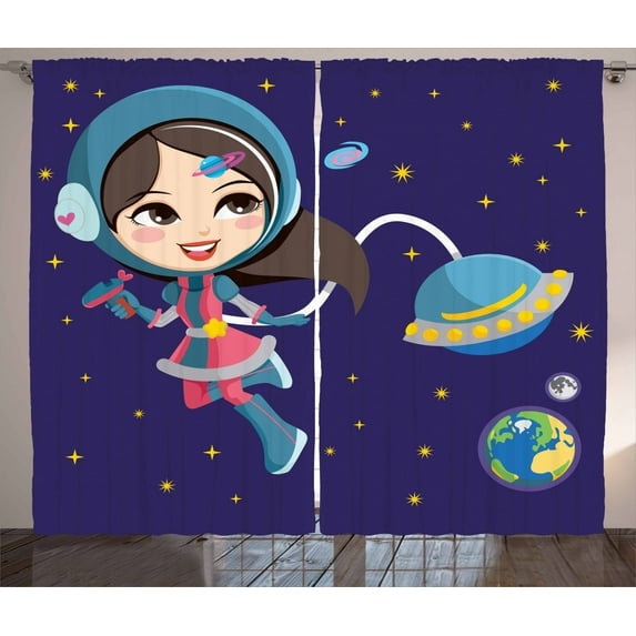 Ambesonne Retro Curtains 2 Panel Set, Little Girl in Space, 108" x 84", Multicolor