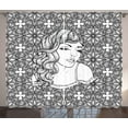 thumbnail image 1 of Girls Curtains 2 Panels Set, Face of a Young Lady with Wavy Hair on Boho Style Intricate Floral Background, Window Drapes for Living Room Bedroom, 108W X 108L Inches, Black and White, by Ambesonne, 1 of 3