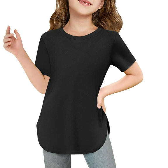 Girls Curve 𝗛em Short Sleeve Shirts Side Slit Crewneck Soft Casual Tops Lightweight Solid Tuni𝗰 Blouse for Kids
