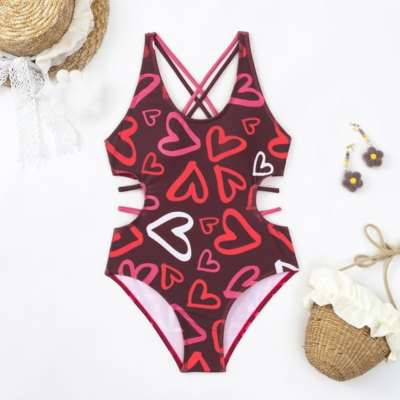 Girls Cute 1 Piece Heart Print Swimsuit Beach Swimwear Kids Bathing Suits Girls 11-12