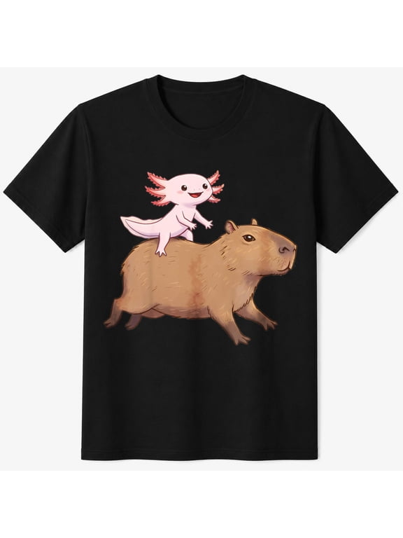 Girls Cute Axolotl and Capybara Graphic T-Shirt, Funny Animal Kids Shirt