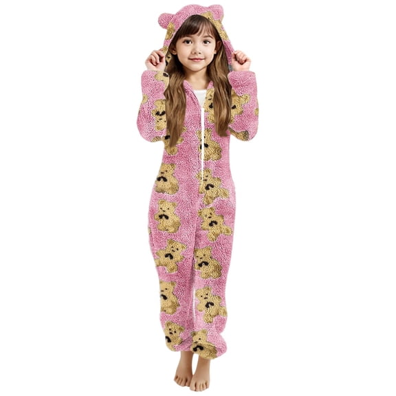 Girls Cute Bear Print Fleece Jumpsuits Hooded Zip-Up Sherpa Rompers Winter Warm Onesie Romper with Pockets for Kids 5-14 Years