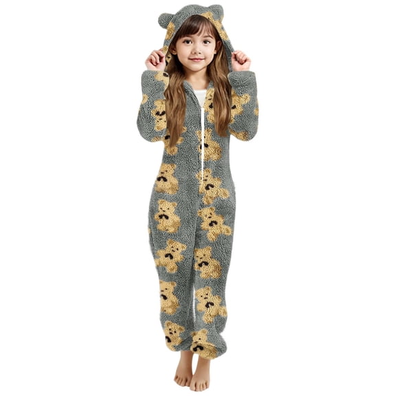 Girls Cute Bear Print Fleece Jumpsuits Hooded Zip-Up Sherpa Rompers Winter Warm Onesie Romper with Pockets for Kids 5-14 Years