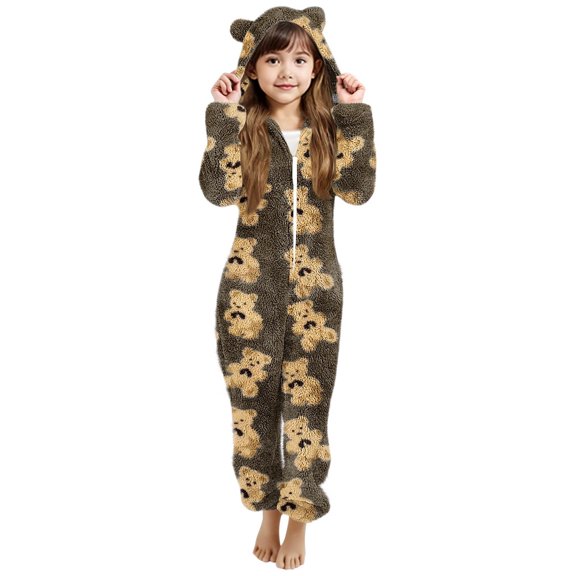 Girls Cute Bear Print Fleece Jumpsuits Hooded Zip-Up Sherpa Rompers Winter Warm Onesie Romper with Pockets for Kids 5-14 Years