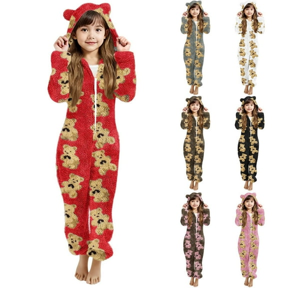 Girls Cute Bear Print Fleece Jumpsuits Hooded Zip-Up Sherpa Rompers Winter Warm Onesie Romper with Pockets for Kids 5-14 Years