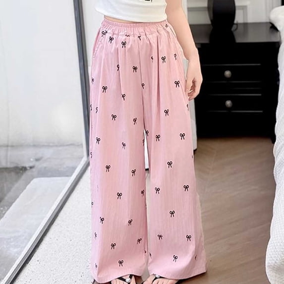 Girls Cute Bow Print Wide Leg Pants, Elastic Waist Loose Casual Trousers with Pockets 7-8Y