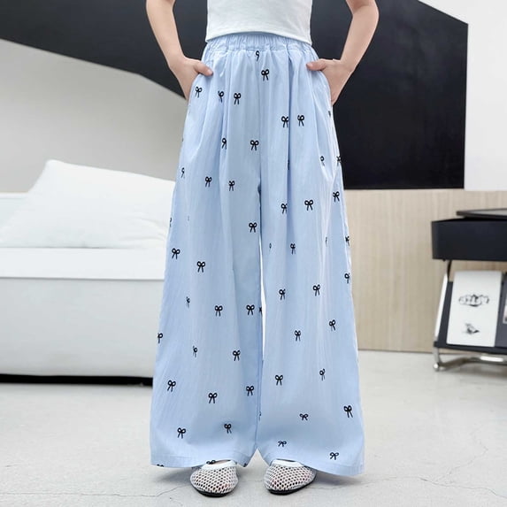 Girls Cute Bow Print Wide Leg Pants, Elastic Waist Loose Casual Trousers with Pockets Blue 5-6Y