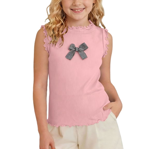 Girls Cute Bow Tank Tops Soft Ice Silk Crewneck Sleeveless Summer Workout Casual T-Shirts 1-10 Years