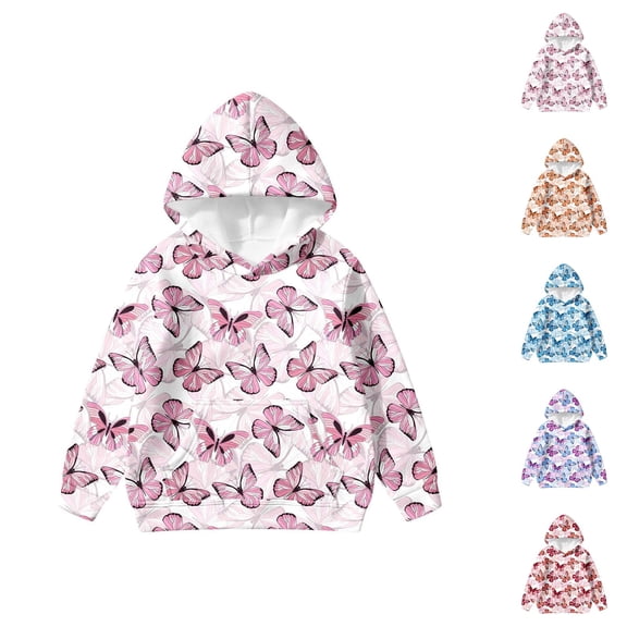 Girls Cute Butterfly Hoodies Y2K Long Sleeve Graphic Hooded Sweatshirt with Pockets Kids Pullover Tops