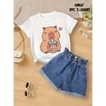 thumbnail image 1 of Girls' Cute Capybara Graphic Short Sleeve T-Shirt - Comfortable, Casual, and Versatile Summer Top for Outdoor Wear, Adorable Cartoon Capybara and Candle Design, Capybara T Shirt, 1 of 6