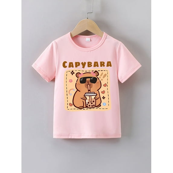 Girls' Cute Capybara Milk Tea Graphic T-Shirt - Soft & Stretchy Cotton Blend, Casual Crew Neck Short Sleeve Tee for Summer Fun, Capybara T Shirt