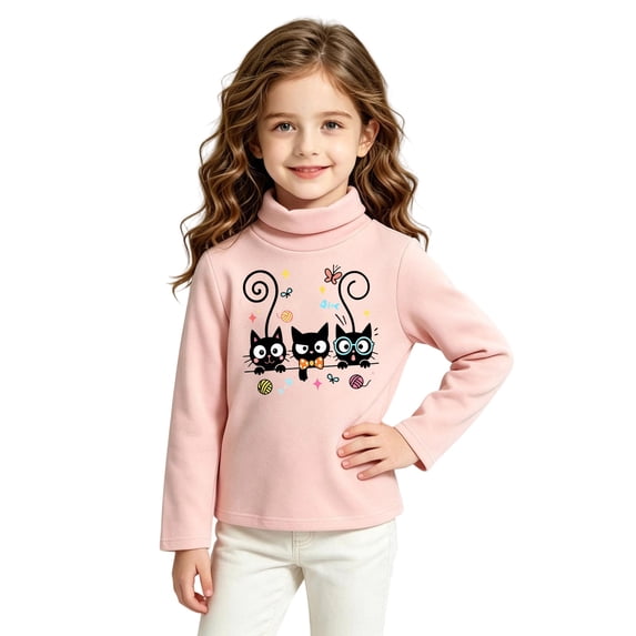 Girls Cute Cartoon Black Cat Graphic Turtleneck Shirts, Fashion Soft Long Sleeve Kids Autumn Tops