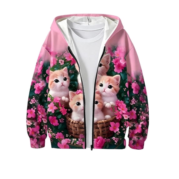 Girls Cute Cartoon Cat Print Zip Up Hoodie Jacket, Kids Full Zip Long Sleeve Hooded Coat for Fall Daily Casual Outdoor Wear(Hot Pink,9-10 Years)