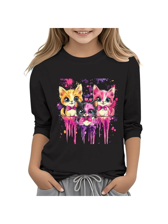 Girls Cute Cat Long Sleeve Graphic Tee | Kids Kids Black Shirt with Graffiti Drip Paint | Soft Stretch Play Top,Size 5 T