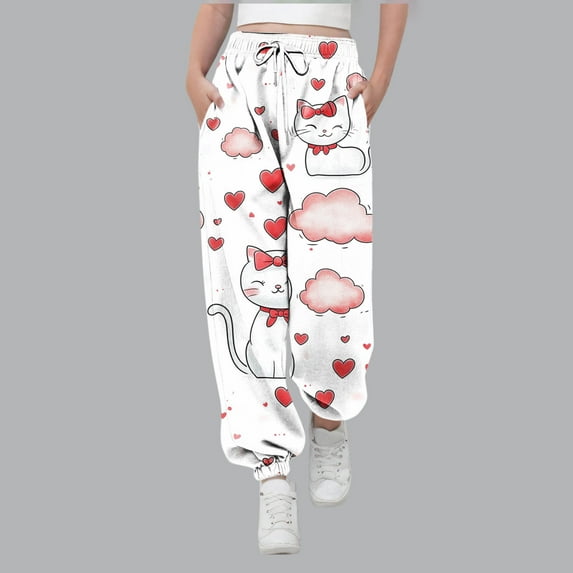 Girls Cute Cat Print Jogger Pants, Soft Stretch Polyester Spandex Multicolor Casual Loungewear with Adjustable Drawstring & Side Pockets,Size 13-14 T
