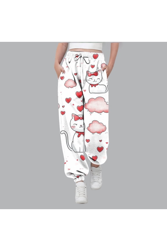 Girls Cute Cat Print Jogger Pants, Soft Stretch Polyester Spandex Multicolor Casual Loungewear with Adjustable Drawstring & Side Pockets,Size 7-8T