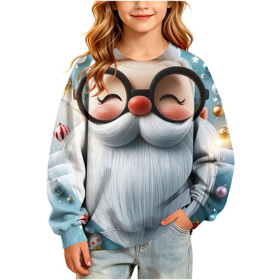 Girls Cute Christmas Santa Prints Sweatshirts Kids Loose Crewneck Long Sleeve Sweatshirt Fall Winter Casual Pullover Tops 5-15Years