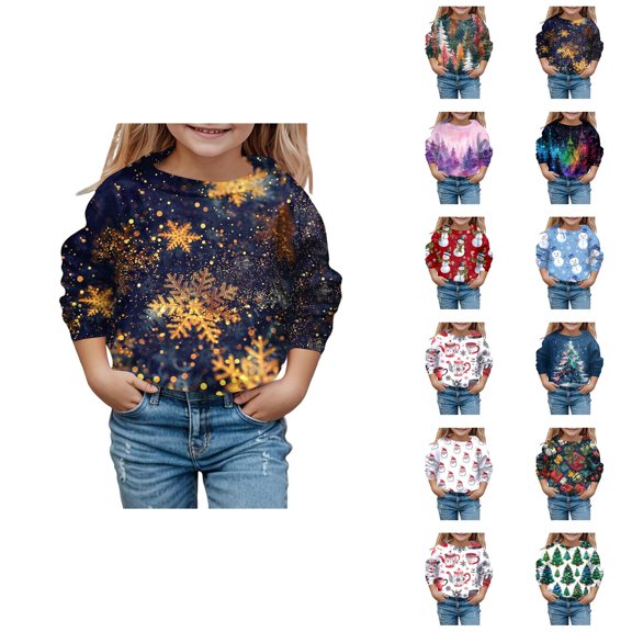 Girls Cute Christmas Sweatshirts 2025 Long Sleeve Crewneck Holiday Graphic Sweatshirt Kids Pullover Tops