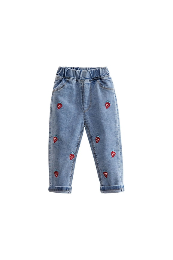 Girls Cute Clothes Elastic Waist Jeans Casual Denim Pants Strawberry Embroidered Relaxed Fit Pants Fall Spring Outfits Light Blue,5 Years