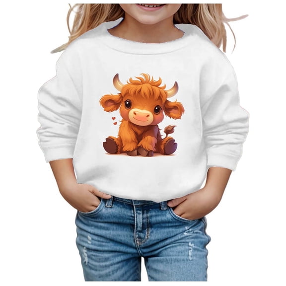 Girls Cute Cow Print Long Sleeve Casual Sweatshirt Winter Warm Soft Comfortable Round Neck Pullover Top for Kids