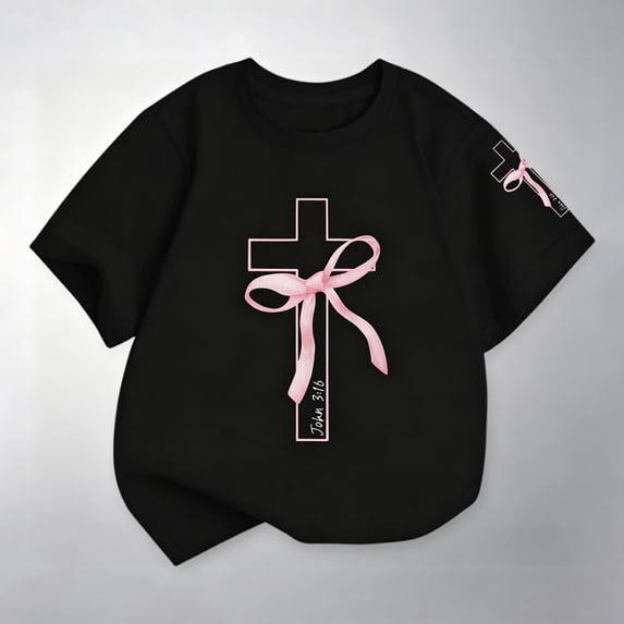 Girls Cute Cross & Bow Shirts Crewneck Graphic Tee Tops (Black 9-10 Years)