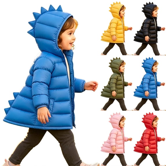 Girls Cute Dinosaur Jacket Solid Casual Hooded Zipper Coats Long Sleeved Warm Cotton Jacket